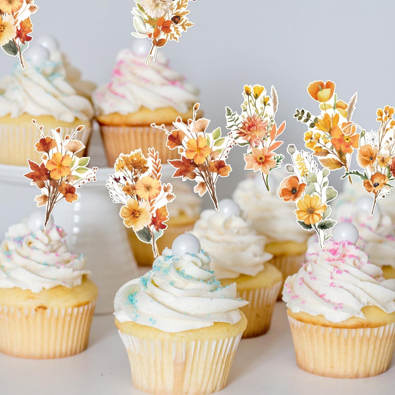 Rngmsi Wildflower Party Cupcake Toppers Decorations, 40PCS Flower Birthday Party Cake Decor, Floral Cupcake Toppers for Baby Shower Bridal Shower Wedding Supplies - Image 4
