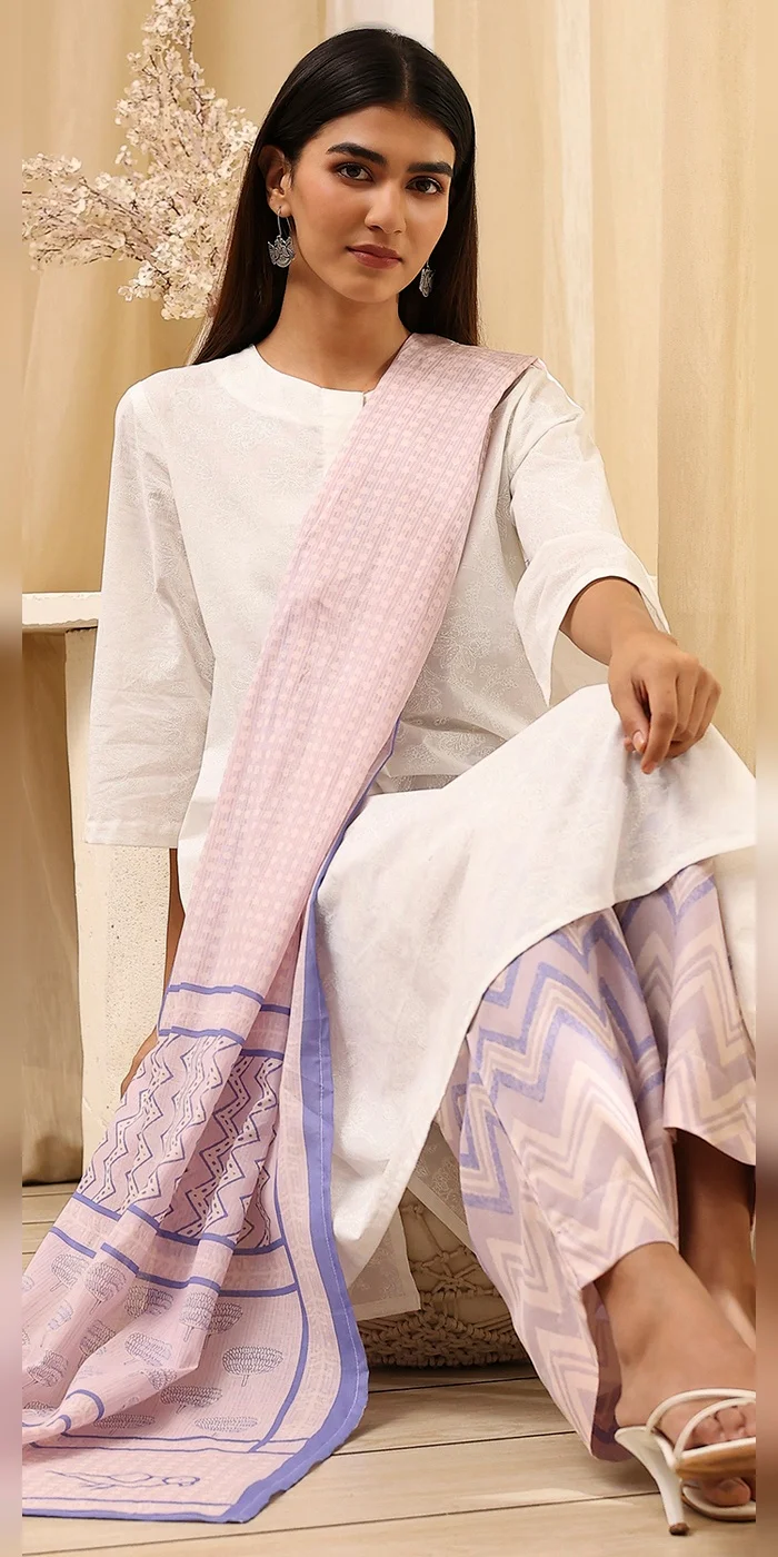 Women Blue And White Cotton Straight Suit Set