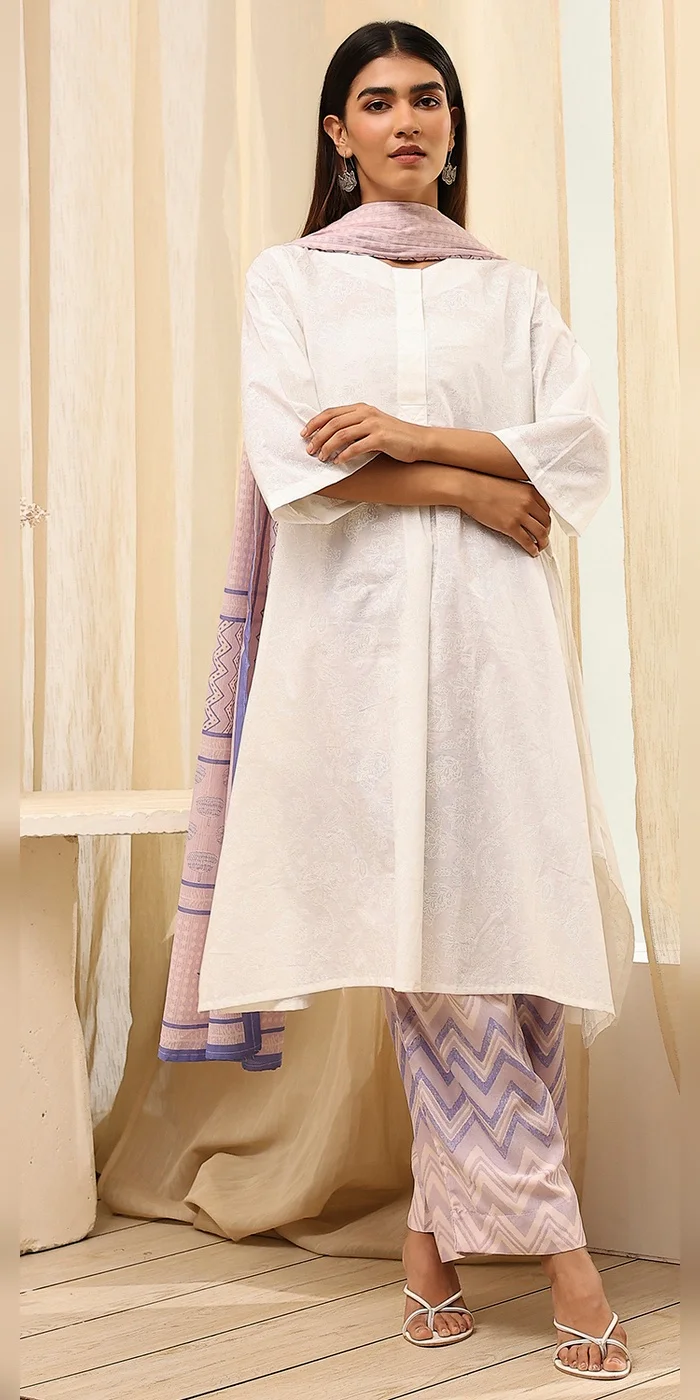 Biba  Women Blue And White Cotton Straight Suit Set  | Best Price UAE