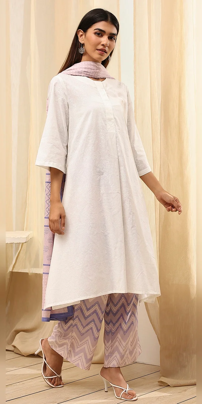 Biba  Women Blue And White Cotton Straight Suit Set  | Best Price UAE