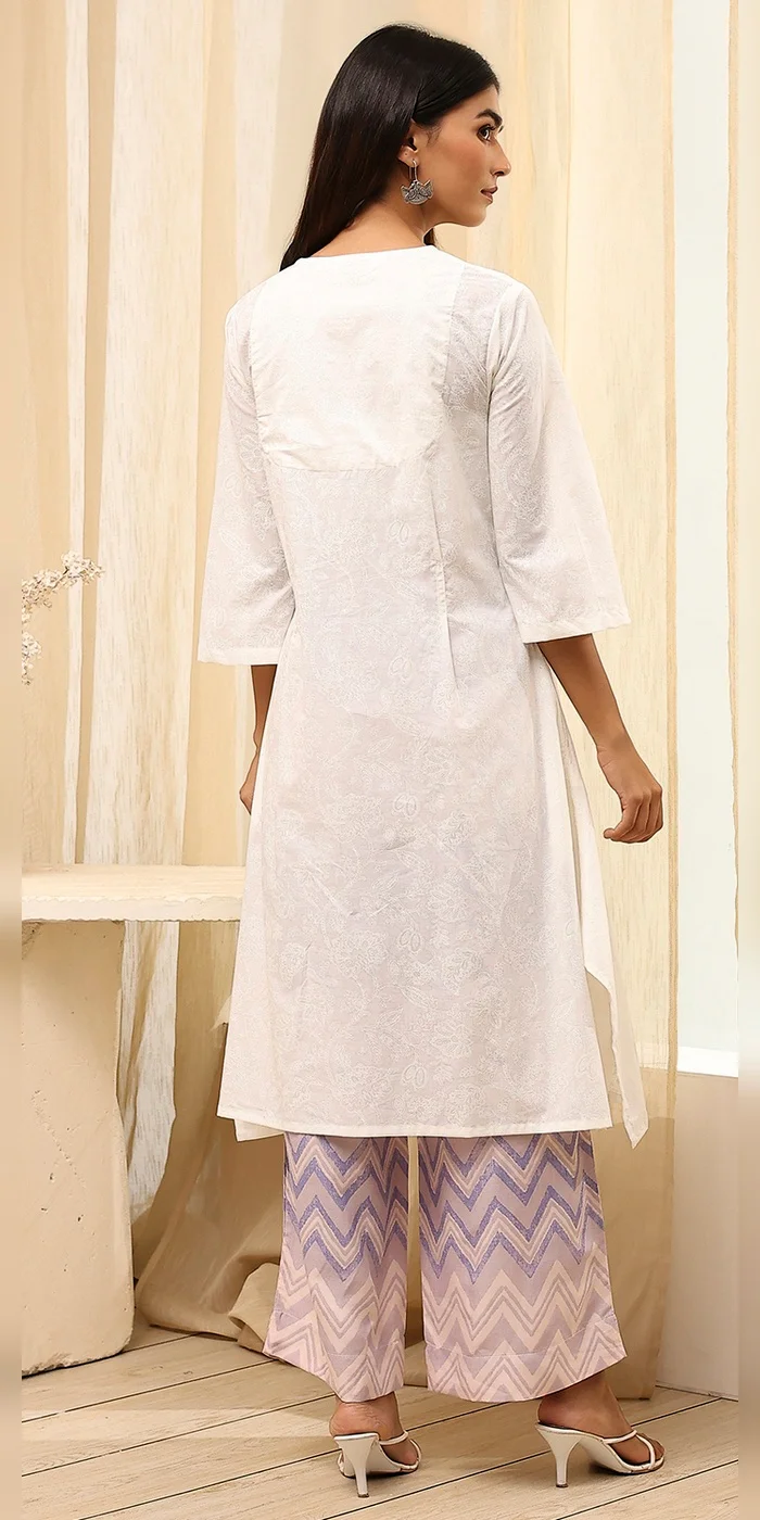 Biba  Women Blue And White Cotton Straight Suit Set  | Best Price UAE