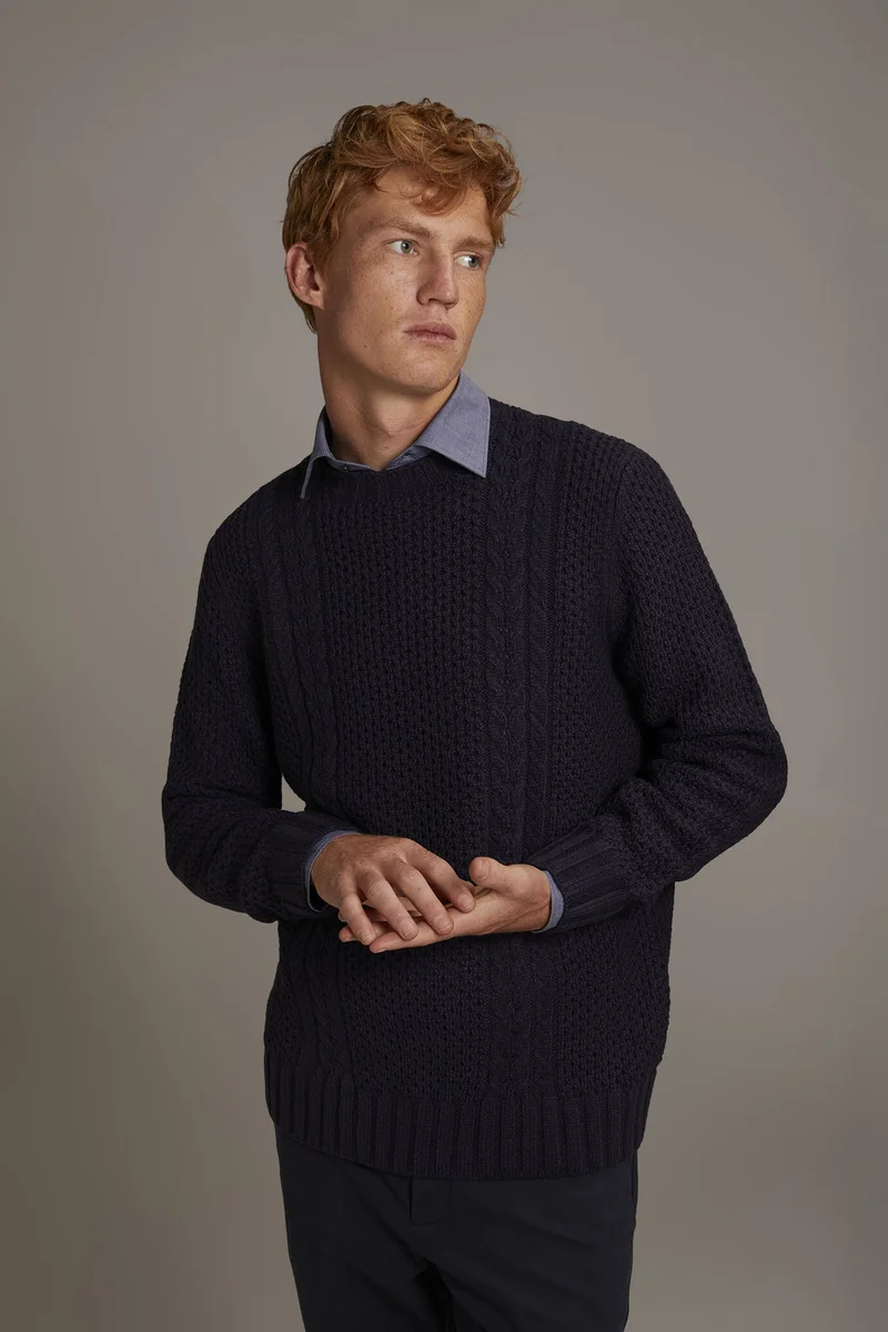 دوبل غانغر Wool blend round neck sweater with honeycomb heavy knitting - DK Blue