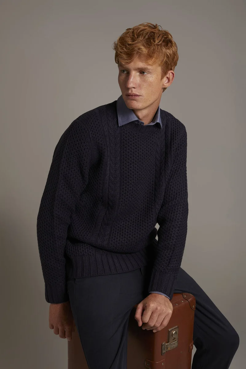 دوبل غانغر Wool blend round neck sweater with honeycomb heavy knitting - DK Blue