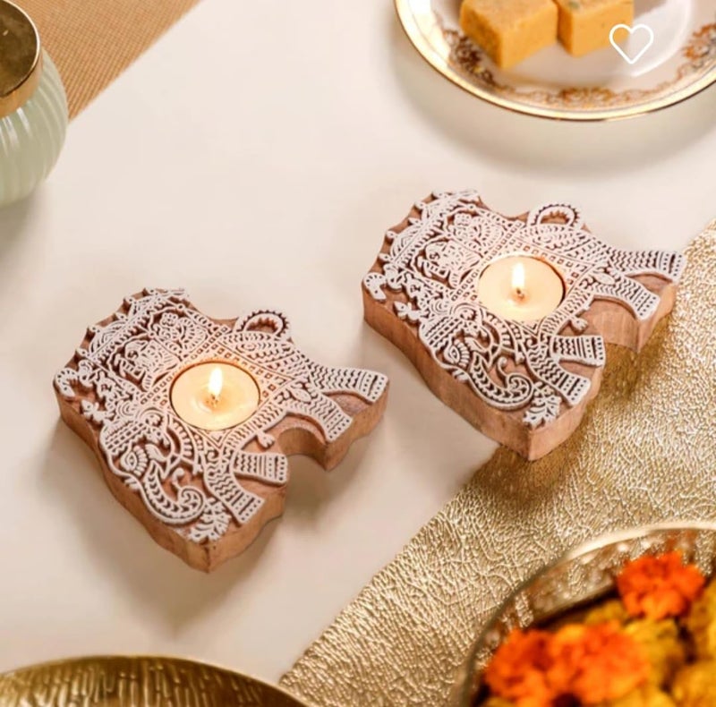 Lifeu Set of 2 Wooden Elephant Motif Tea Light Candle Holder Stand Handmade Wooden Block Print Hand Shaped Tlight for Diwali Handicraft Decoration Items Candle Holder Set Stand for Indoor Decor - Image 2
