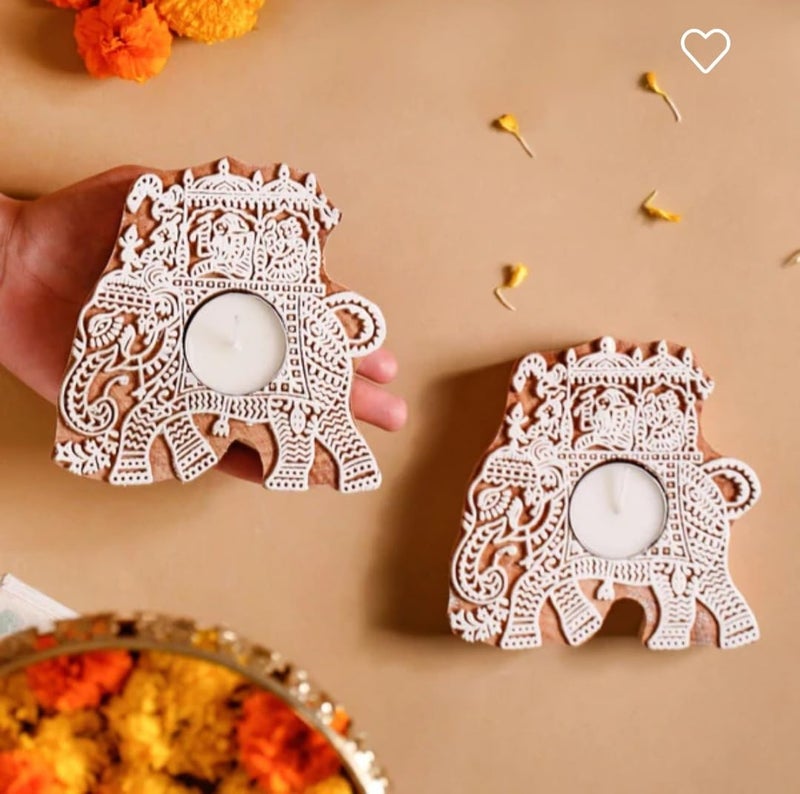 Lifeu Set of 2 Wooden Elephant Motif Tea Light Candle Holder Stand Handmade Wooden Block Print Hand Shaped Tlight for Diwali Handicraft Decoration Items Candle Holder Set Stand for Indoor Decor - Image 3