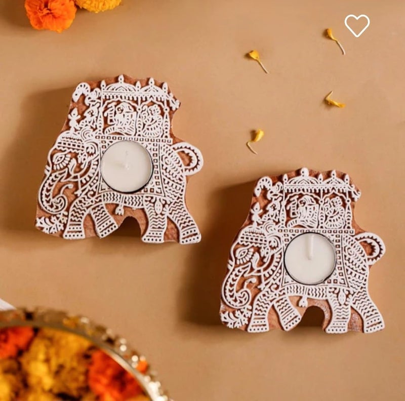 Lifeu Set of 2 Wooden Elephant Motif Tea Light Candle Holder Stand Handmade Wooden Block Print Hand Shaped Tlight for Diwali Handicraft Decoration Items Candle Holder Set Stand for Indoor Decor - Image 1