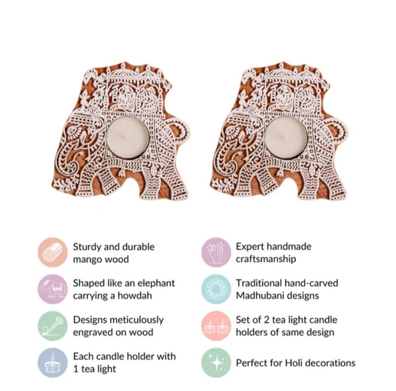 Lifeu Set of 2 Wooden Elephant Motif Tea Light Candle Holder Stand Handmade Wooden Block Print Hand Shaped Tlight for Diwali Handicraft Decoration Items Candle Holder Set Stand for Indoor Decor - Image 4