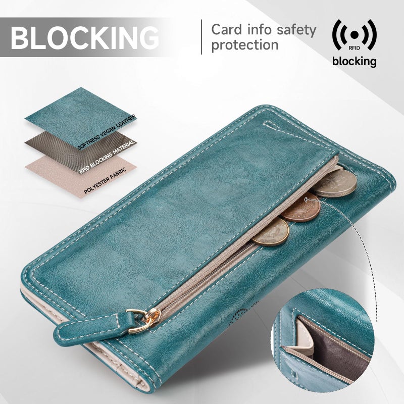 KITEVIUN RFID Wallet Women Ultra Slim Thin Womens Wallet Compact Clutch Long Ladies Wallet for Women PEACOCK-BLUE - Image 5