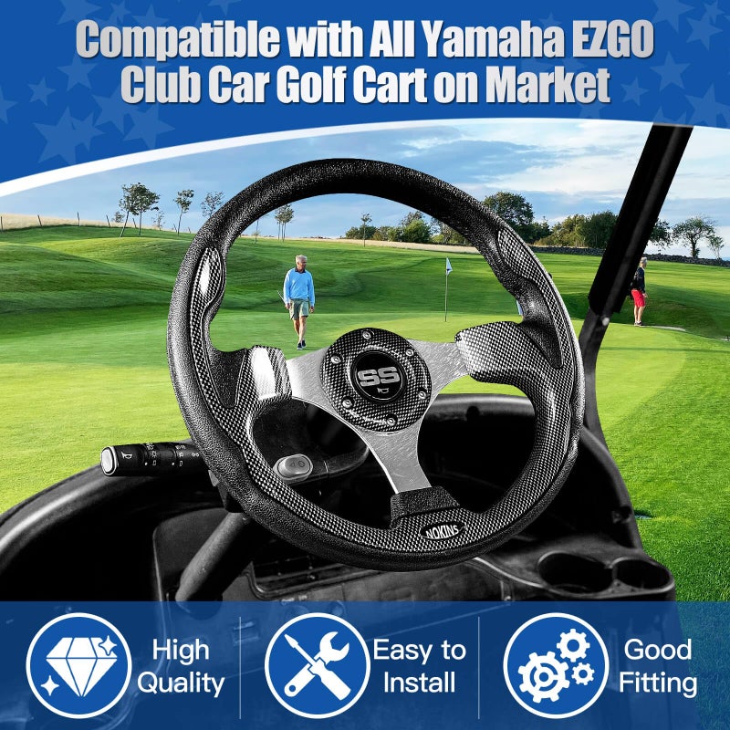 NOKINS 12.5" Universal Golf Cart Steering Wheel, Fit EZGO TXT/RXV/Club Car DS/Precedent/Yamaha, Most Golf Carts (Carbon Fiber Black) - Image 2