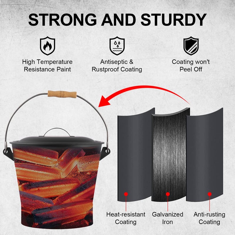 JCLMER Ash Bucket with Lid, 2.6 Gallon Fireplace Ash Bucket with Shovel, Hand Broom and Gloves, Galvanized Metal Coal and Hot Ash Pail for Fireplace, Fire Pits, Wood Burning Stove, Ash Can Cleaning Tools - Image 3