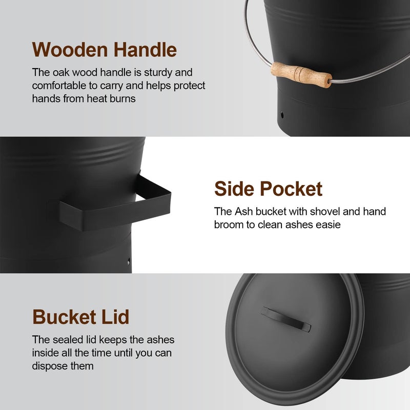 JCLMER Ash Bucket with Lid, 2.6 Gallon Fireplace Ash Bucket with Shovel, Hand Broom and Gloves, Galvanized Metal Coal and Hot Ash Pail for Fireplace, Fire Pits, Wood Burning Stove, Ash Can Cleaning Tools - Image 4