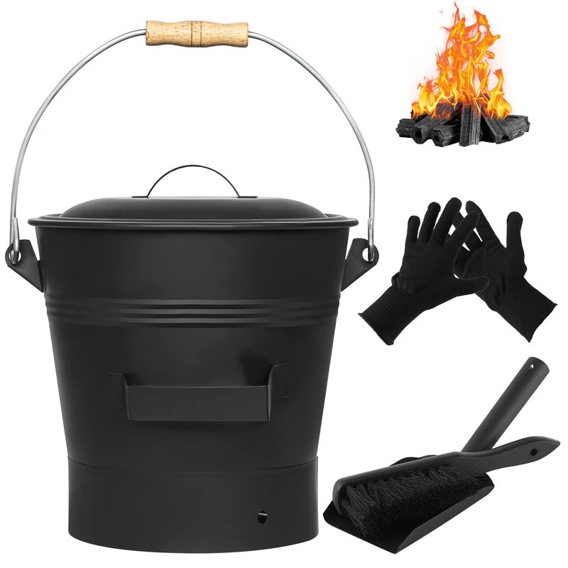 JCLMER Ash Bucket with Lid, 2.6 Gallon Fireplace Ash Bucket with Shovel, Hand Broom and Gloves, Galvanized Metal Coal and Hot Ash Pail for Fireplace, Fire Pits, Wood Burning Stove, Ash Can Cleaning Tools - Image 1