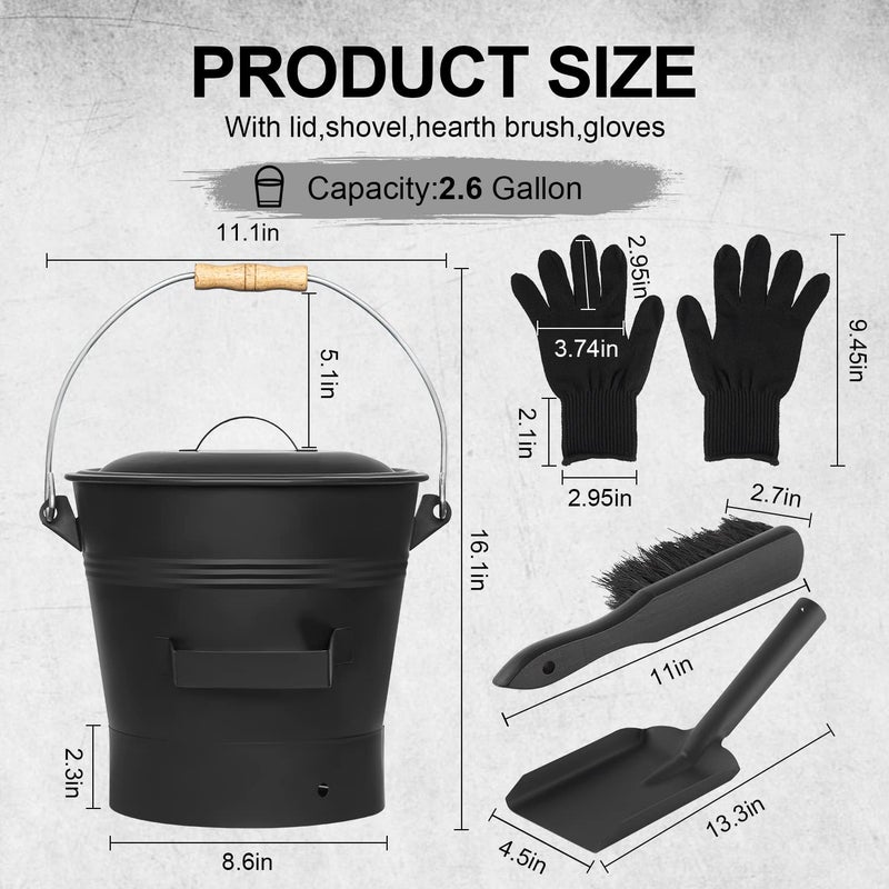 JCLMER Ash Bucket with Lid, 2.6 Gallon Fireplace Ash Bucket with Shovel, Hand Broom and Gloves, Galvanized Metal Coal and Hot Ash Pail for Fireplace, Fire Pits, Wood Burning Stove, Ash Can Cleaning Tools - Image 2