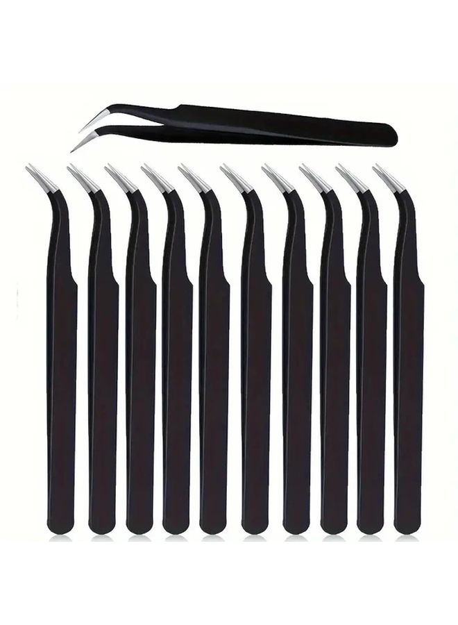10 Pcs Precision Black Metal Tweezers With Curved Tips Durable Hand Tools For Jewelry Making Crafts And Precision Work Ergonomic Design Comfortable Grip Sleek Finish - Image 1