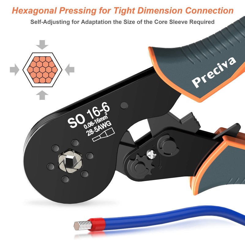 Preciva Hexagonal Ferrule Crimper, Preciva Hexagonal Jaw Wire Crimping Pliers AWG 28-5 Self-Adjustable Ratchat Wire Crimping Tools for Wire Terminals Cables End-sleeves - Image 3