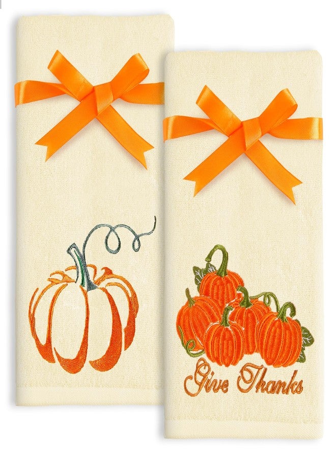 Quera 2 Pack Pumpkin Hand Towels Fall Autumn Thanksgiving Embroidered Premium Luxury Decor Bathroom Decorative Dish Set for Drying Cleaning, Cooking 13.7 "x 29.5" - Image 1