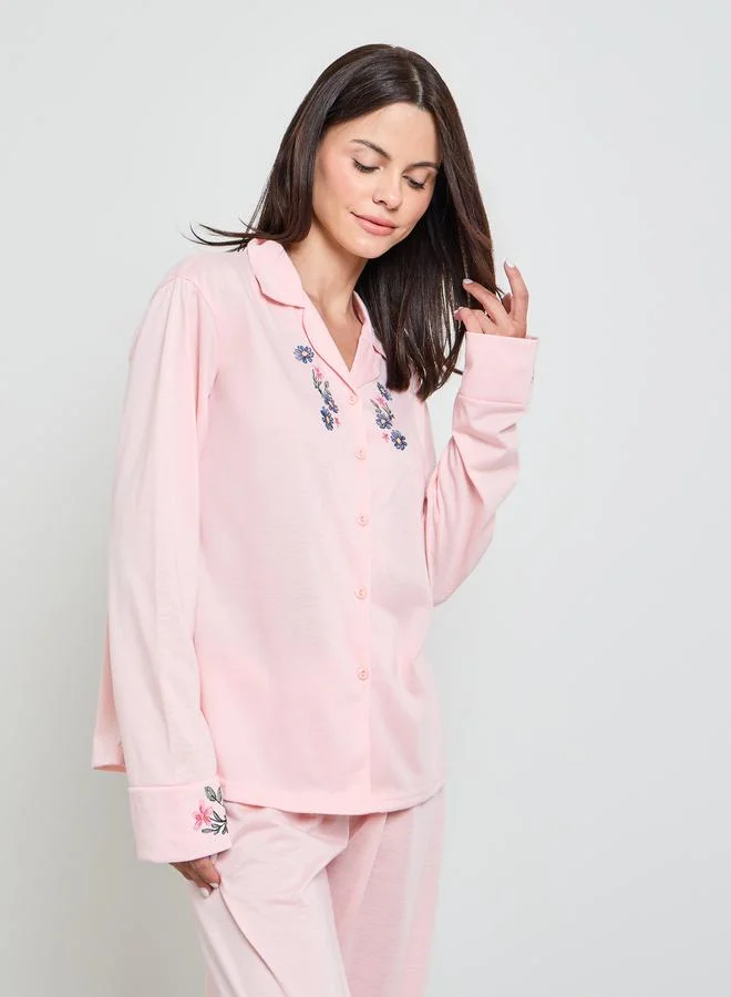Styli Pink Floral Print Pocket Detail Shirt and Ruffle Hem Pyjama Set