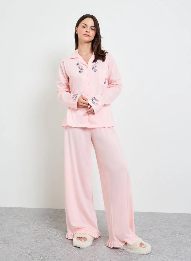 Styli Pink Floral Print Pocket Detail Shirt and Ruffle Hem Pyjama Set
