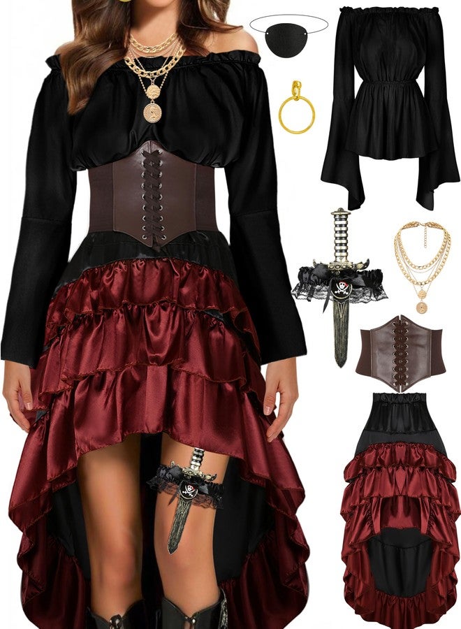 CICOCI Pirate Costume Women Renaissance Corset Steampunk Skirt Top Pirate Accessories Full Outfits, Black, M - Image 1