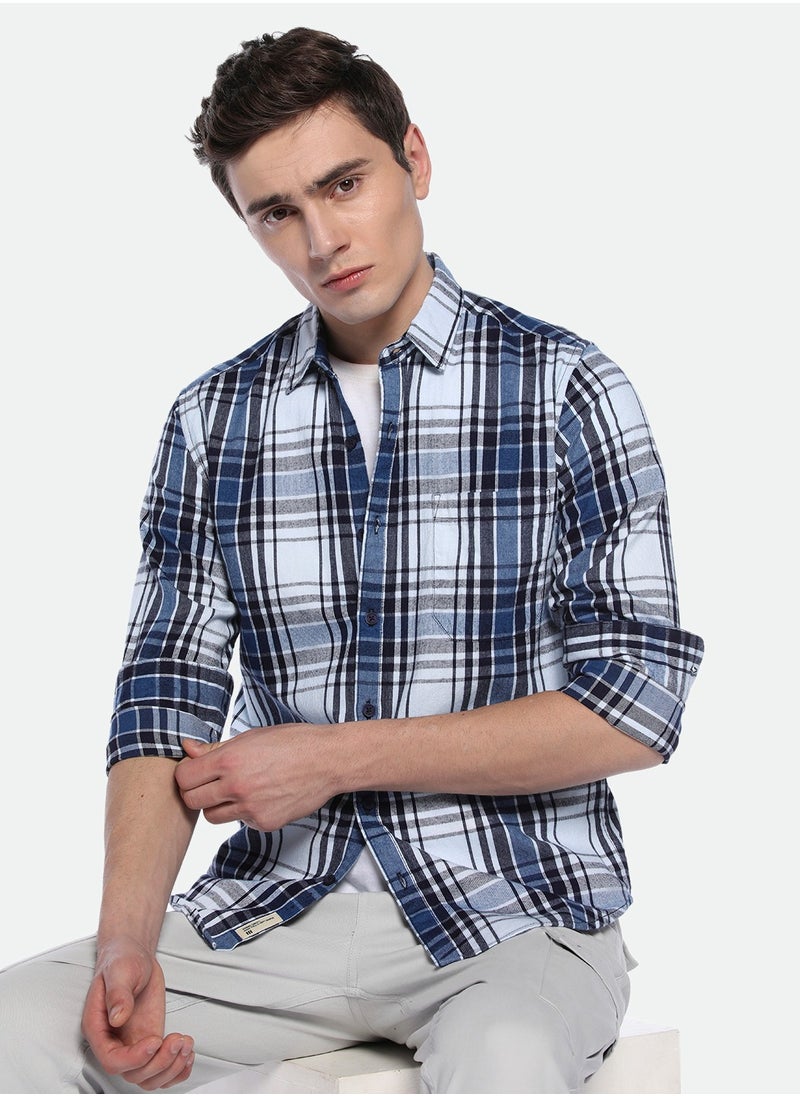 Dennis Lingo Mid Blue Casual Shirt for Men, 100% Cotton, Slim Fit  - Image 1
