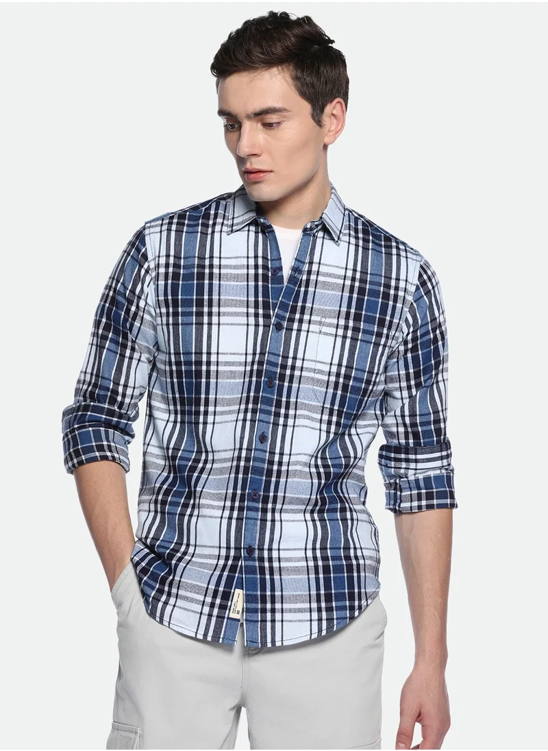 دينيس لينغو Mid Blue Casual Shirt for Men, 100% Cotton, Slim Fit