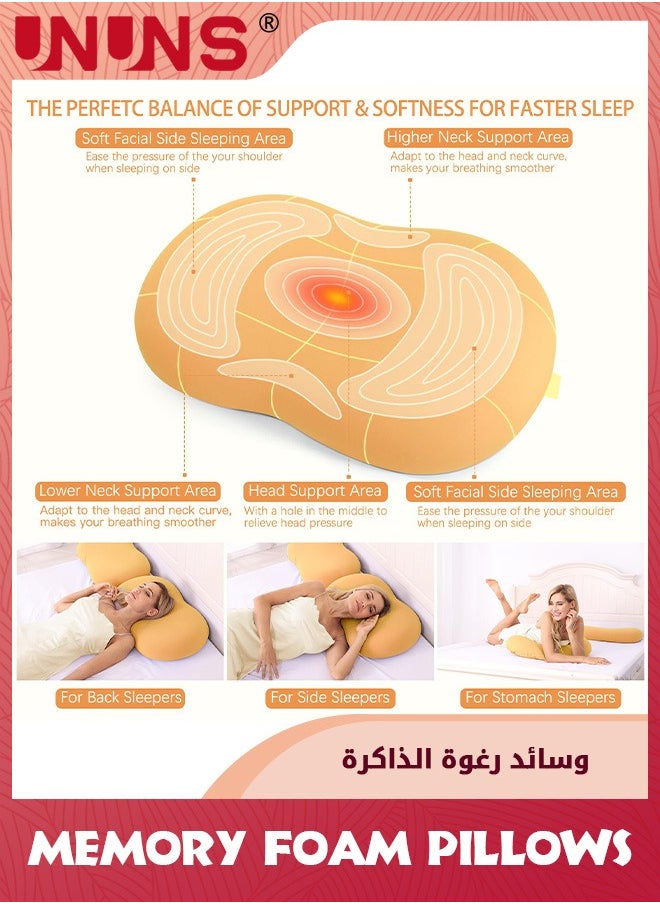 UNUNS - Cervical Memory Foam Pillows,Neck Support Pillows For Sleeping,Side Sleeper Pillow For Shoulder Pain,Contour Support Bed Pillow For Side Back Stomach Sleepers,Yellow - Image 1