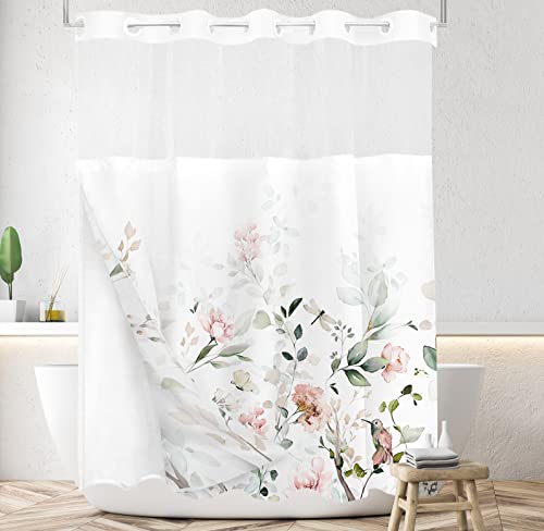 Tititex No Hooks Snap in Liner Aesthetic Blooming White Flowers Pink Bird Shower Curtain Sets Hotel Luxury Double Layers Waterproof Fabric  SeeThrough Top Window Bathroom Decorative 72x72 Inch