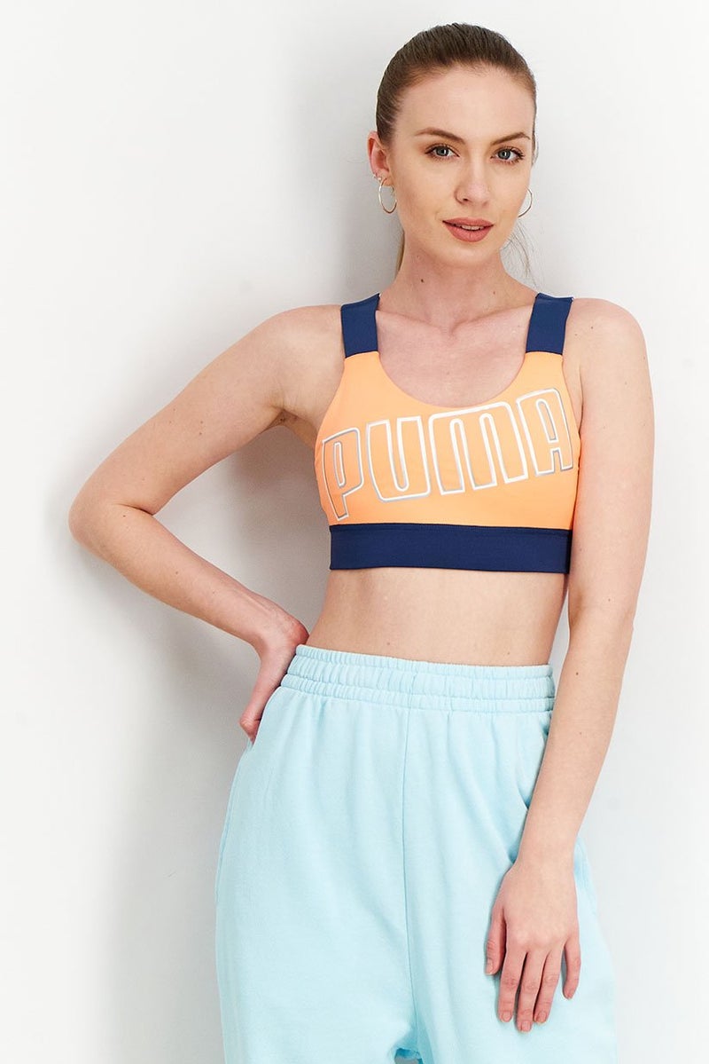 PUMA Women Padded Brand Logo Sports Bra, Orange and Navy - Image 1