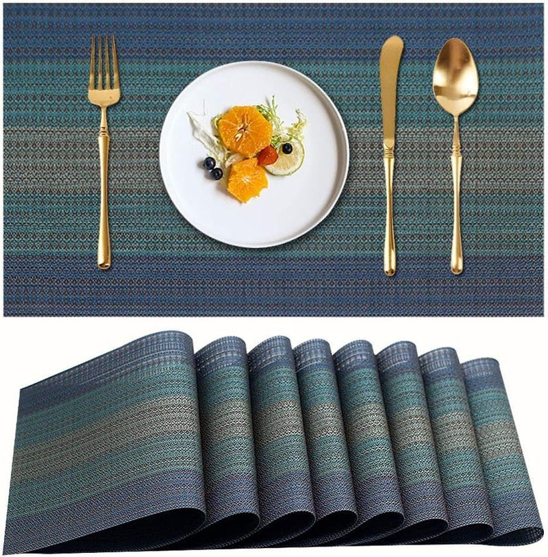 Wosta Set of 8 Pcs Placemats with Vinyl Style Natural AntiSlip Bamboo Placemats Washable HeatResistant Table Mats for Dining Room and Kitchen Blue