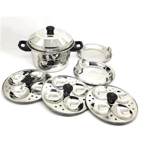 Nyra® Stainless Steel Idly Cooker Pot with 3 Idly Plates (4 cavities each) & 2 Steamer/Dhokla Plates/idly cooker - Induction Base Mirror Finish Multiplate Idli Maker, Gas Stove Compatible (12 Idlis) - Image 1
