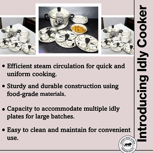 Nyra® Stainless Steel Idly Cooker Pot with 3 Idly Plates (4 cavities each) & 2 Steamer/Dhokla Plates/idly cooker - Induction Base Mirror Finish Multiplate Idli Maker, Gas Stove Compatible (12 Idlis) - Image 2