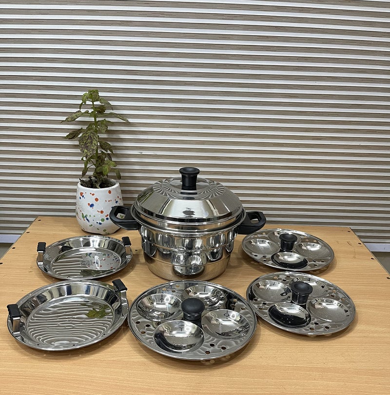 Nyra® Stainless Steel Idly Cooker Pot with 3 Idly Plates (4 cavities each) & 2 Steamer/Dhokla Plates/idly cooker - Induction Base Mirror Finish Multiplate Idli Maker, Gas Stove Compatible (12 Idlis) - Image 3