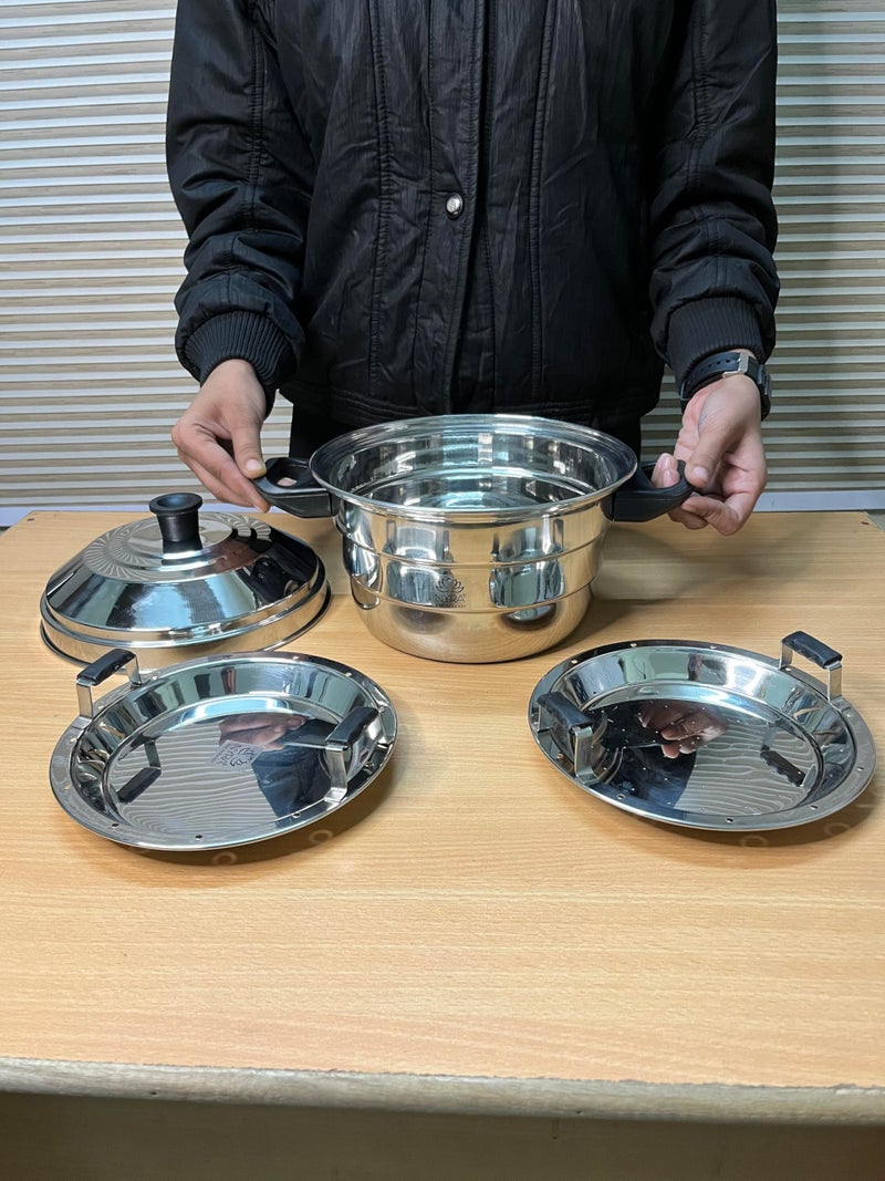 Nyra® Stainless Steel Idly Cooker Pot with 3 Idly Plates (4 cavities each) & 2 Steamer/Dhokla Plates/idly cooker - Induction Base Mirror Finish Multiplate Idli Maker, Gas Stove Compatible (12 Idlis) - Image 5