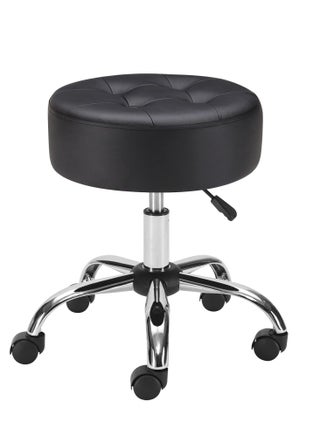 Black Rolling Stool Adjustable With Wheels for Salon, Spa & Medical Use - Swivel Vanity Chair With Tufted PU Leather Seat - Round Ottoman