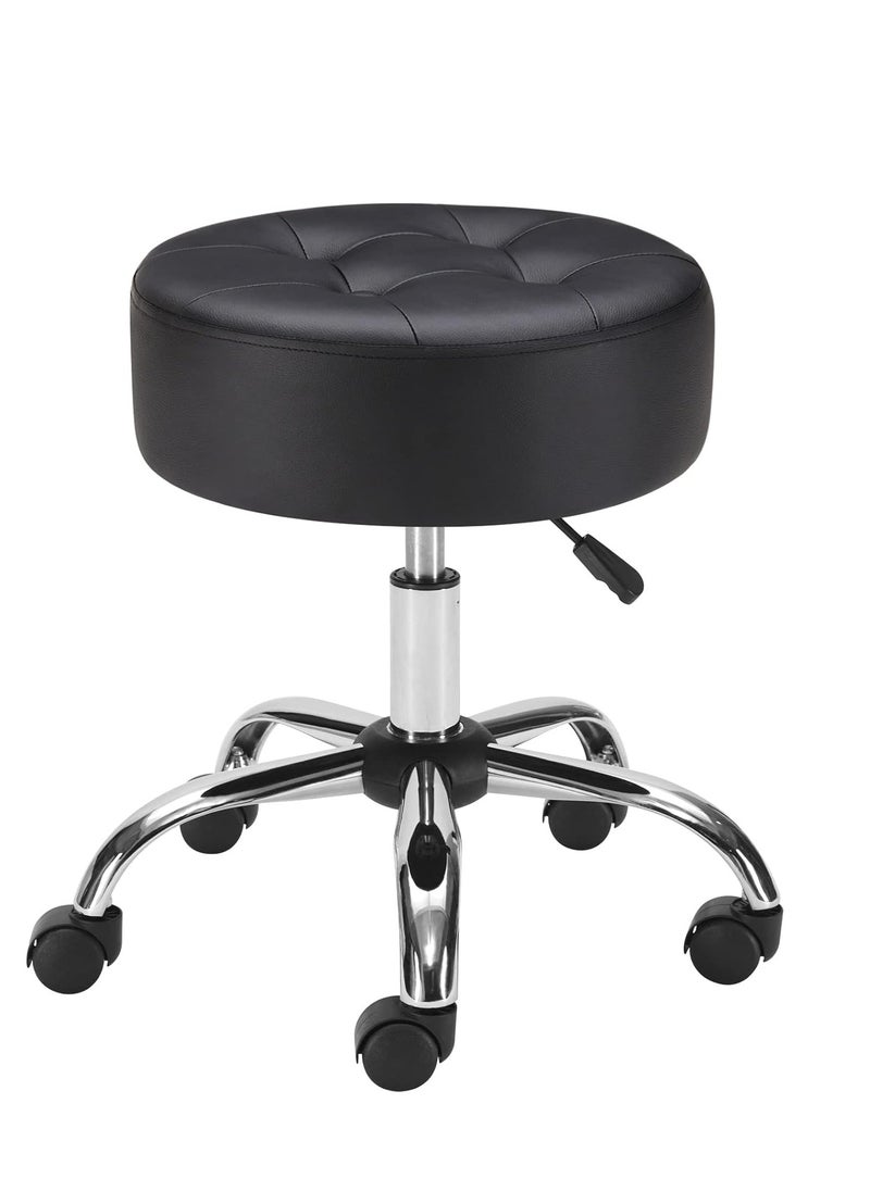 ماركة غير محددة Black Rolling Stool Adjustable With Wheels for Salon, Spa & Medical Use - Swivel Vanity Chair With Tufted PU Leather Seat - Round Ottoman  - Image 1