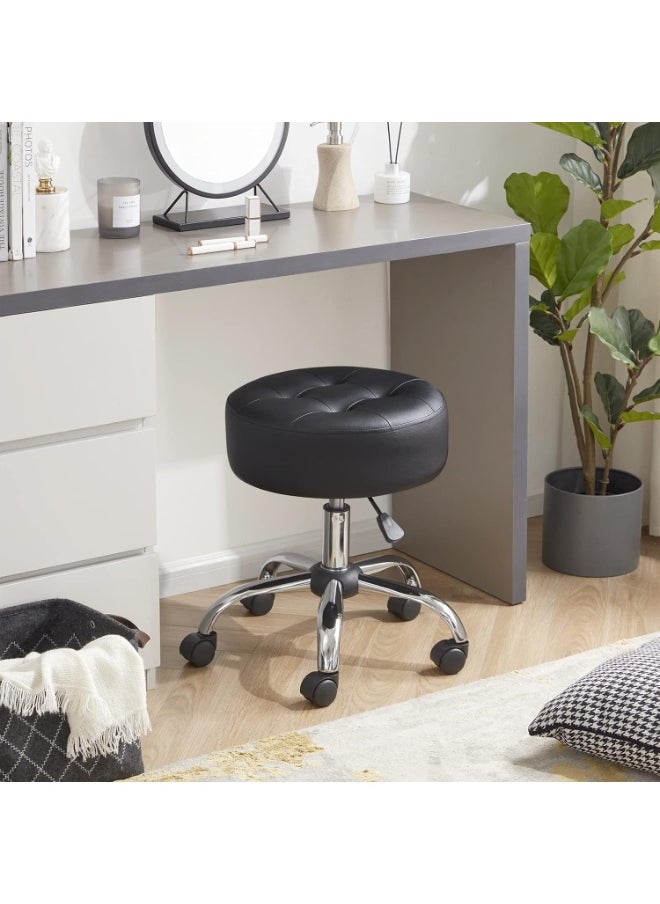 ماركة غير محددة Black Rolling Stool Adjustable With Wheels for Salon, Spa & Medical Use - Swivel Vanity Chair With Tufted PU Leather Seat - Round Ottoman  - Image 4