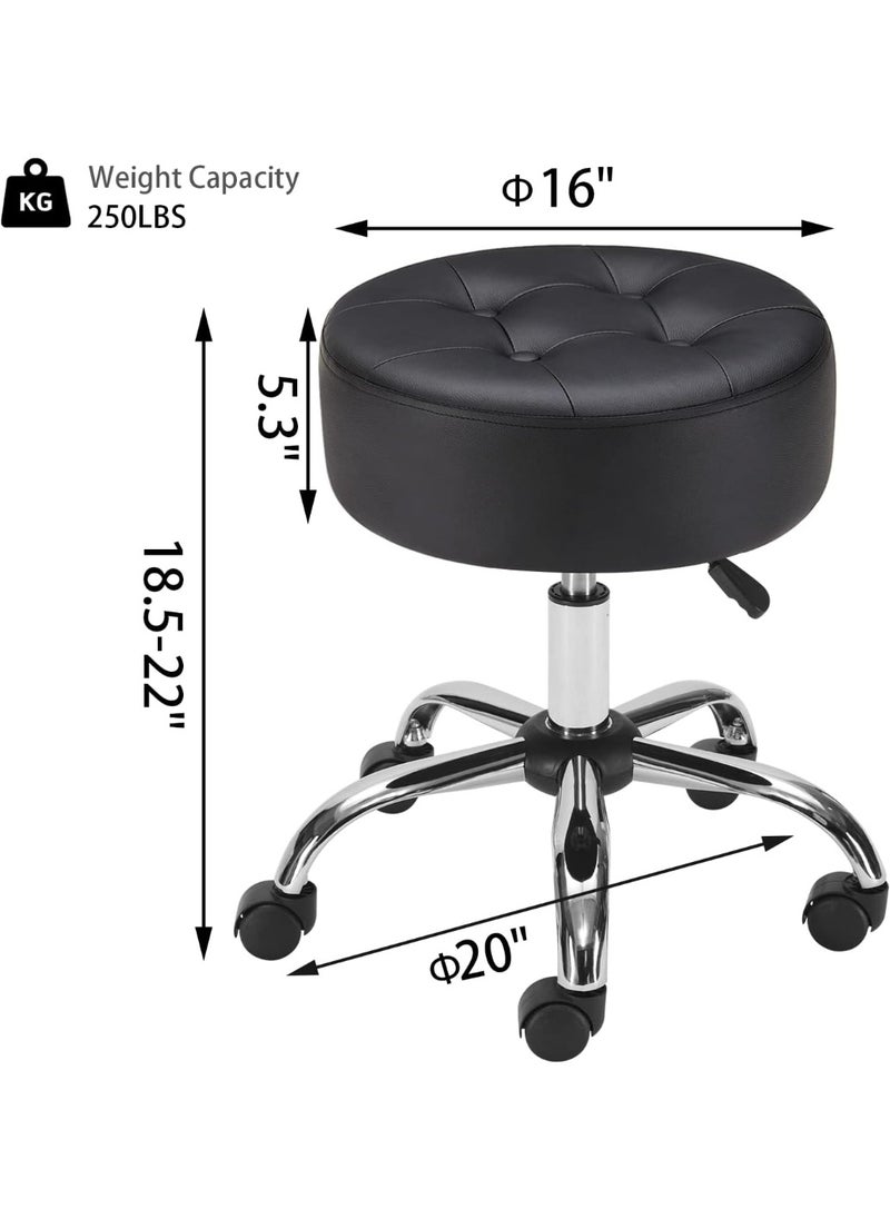 ماركة غير محددة Black Rolling Stool Adjustable With Wheels for Salon, Spa & Medical Use - Swivel Vanity Chair With Tufted PU Leather Seat - Round Ottoman  - Image 3