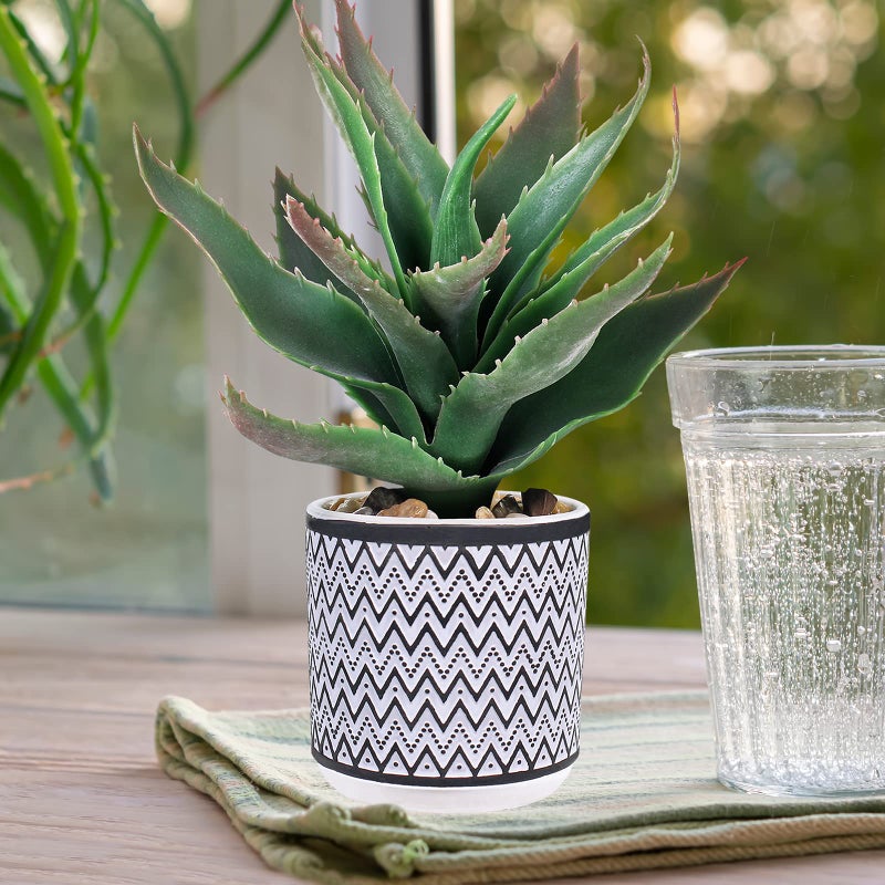 Winlyn Winlyn Set of 3 Assorted Small Potted Plants Faux Eucalyptus Boxwood Plants Aloe Succulent Plant in Black and White Geometric Pots for Table Centerpiece Windowsill Shelf Indoor Outdoor Greenery Decor  - Image 5