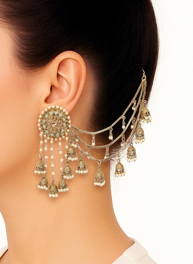 Siddhatva Bahubali with Kaan Chain Earrings Indian Ethnic Gold Polish Green Stone Jewelry Traditional Bahubali Partywear Jhumka Chandbali Wedding Earrings - Image 2
