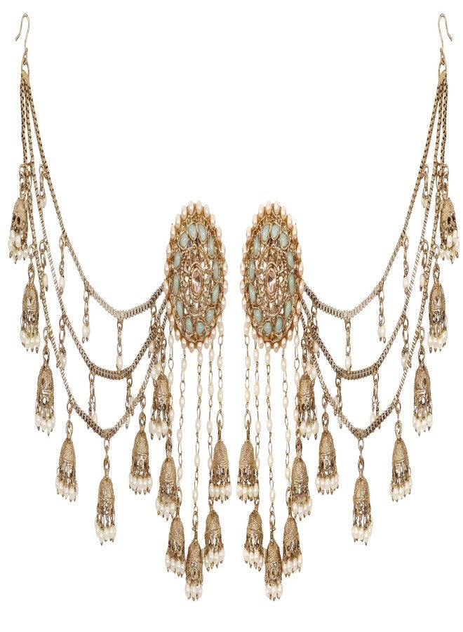 Siddhatva Bahubali with Kaan Chain Earrings Indian Ethnic Gold Polish Green Stone Jewelry Traditional Bahubali Partywear Jhumka Chandbali Wedding Earrings - Image 1