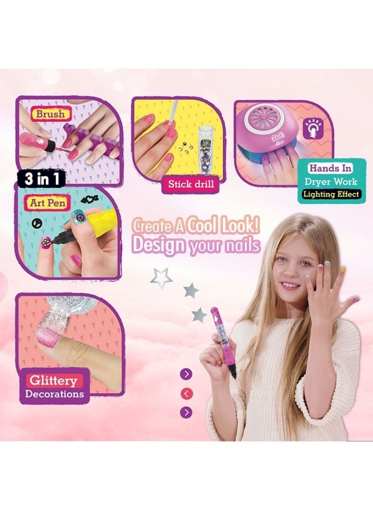 بريميم مجموعة فن تزيين الأظافر الإبداعية للبنات مع مجفف أظافر كهربائي – مجموعة مانيكير آمنة للأطفال مع أقلام لامعة وملصقات وفواصل أصابع وصندوق تخزين، غير سامة وآمنة للأطفال من عمر خمس سنوات فما فوق - Image 3