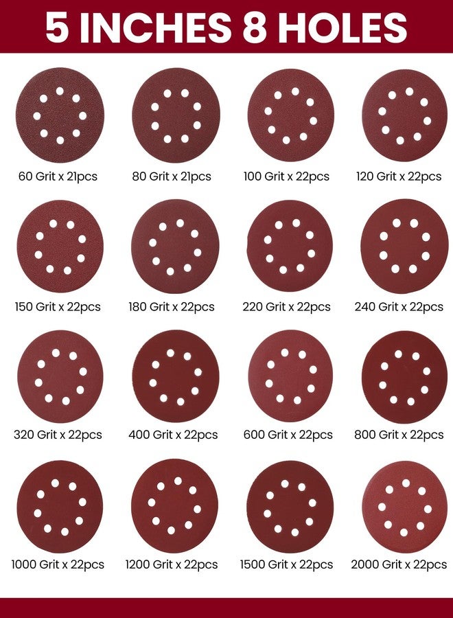 Queekay 350 Pieces 5 Inch 8 Holes Sanding Discs Round Hook and Loop Sandpaper for Random Orbital Sander 60 80 100 120 150 180 220 240 320 400 600 800 1000 1200 1500 2000 Grit - Image 3