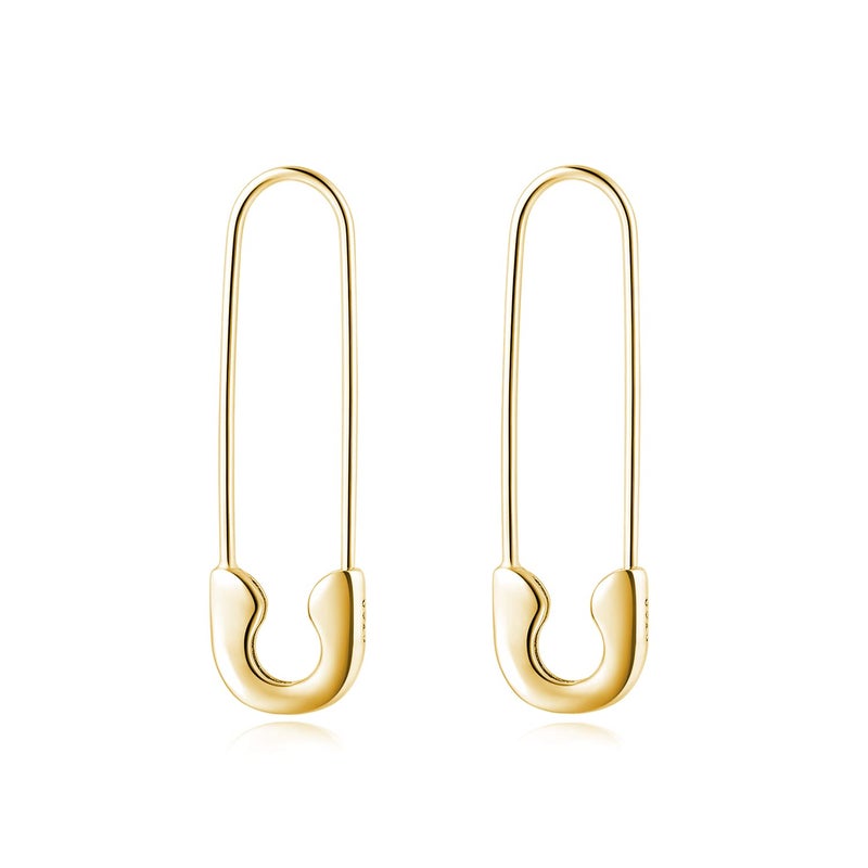 SLUYNZ Solid 925 Sterling Silver Safety Pin Hoop Earrings for Women Minimalist 1.4" Hoop Earrings Dangle (B-Gold Plated) - Image 1