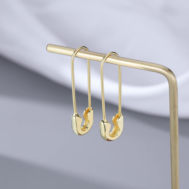 SLUYNZ Solid 925 Sterling Silver Safety Pin Hoop Earrings for Women Minimalist 1.4" Hoop Earrings Dangle (B-Gold Plated) - Image 4