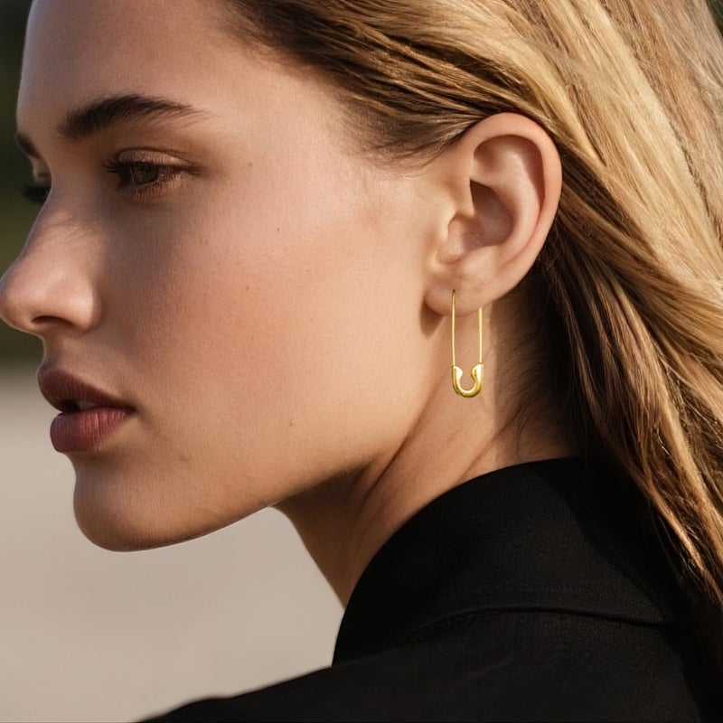 SLUYNZ Solid 925 Sterling Silver Safety Pin Hoop Earrings for Women Minimalist 1.4" Hoop Earrings Dangle (B-Gold Plated) - Image 2