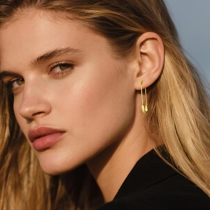 SLUYNZ Solid 925 Sterling Silver Safety Pin Hoop Earrings for Women Minimalist 1.4" Hoop Earrings Dangle (B-Gold Plated) - Image 3