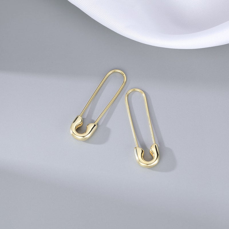 SLUYNZ Solid 925 Sterling Silver Safety Pin Hoop Earrings for Women Minimalist 1.4" Hoop Earrings Dangle (B-Gold Plated) - Image 5