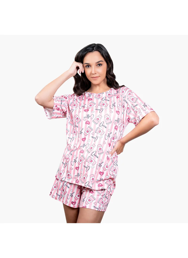 أدريا Aadaraya Printed Drop Shoulder T-shirt and Pyjama Set