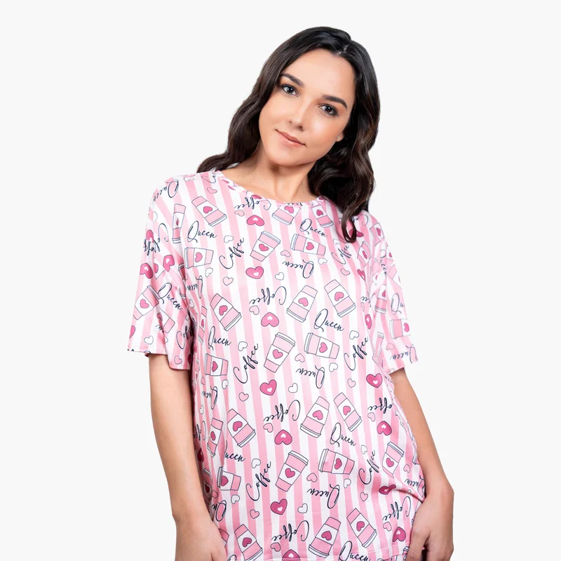Aadaraya Aadaraya Printed Drop Shoulder T-shirt and Pyjama Set