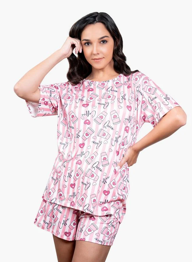 Aadaraya Aadaraya Printed Drop Shoulder T-shirt and Pyjama Set